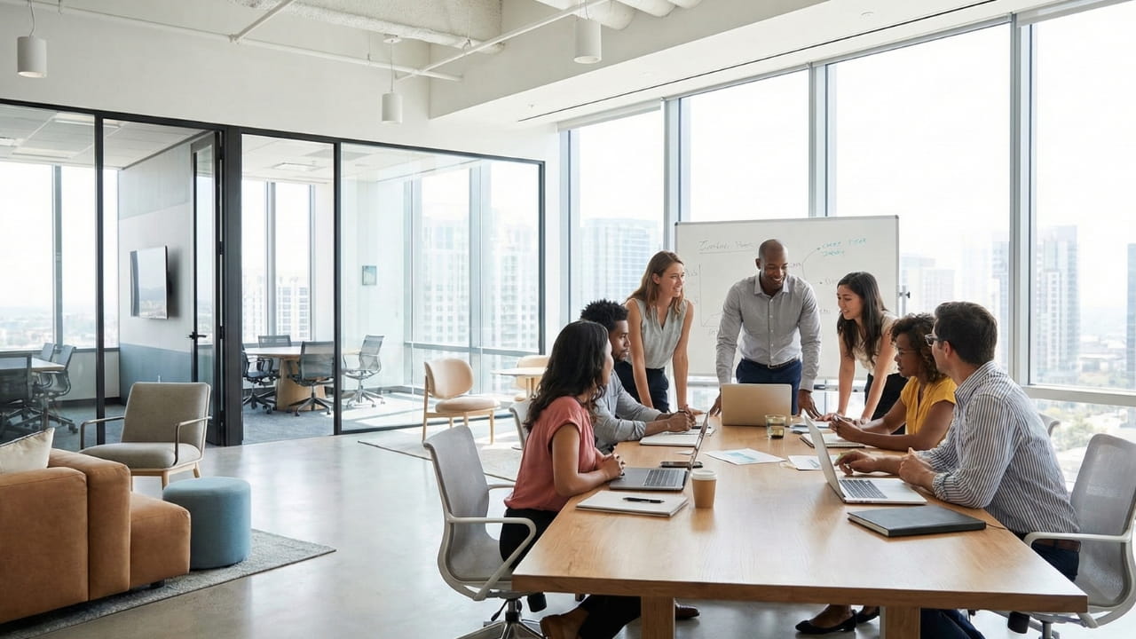 Our team collaborating in a modern office