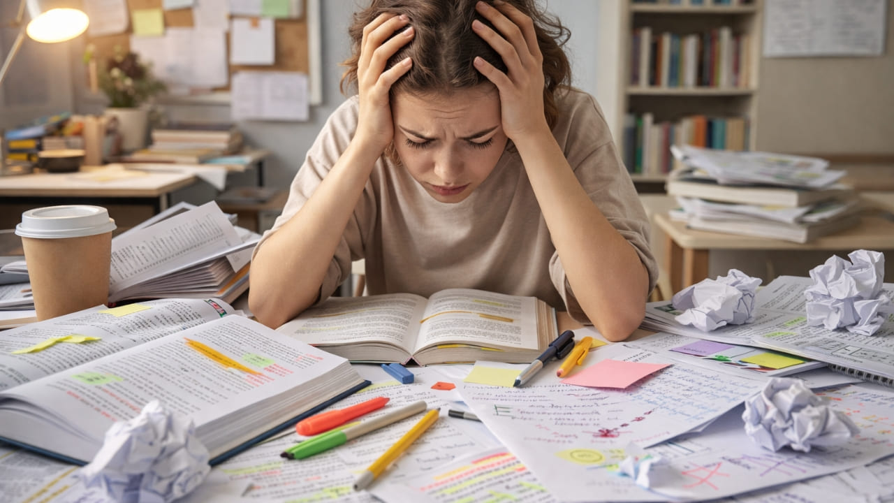 Stressed student studying with messy papers
